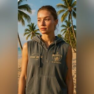 Roots Gray and Gold Sleeveless Hoodie